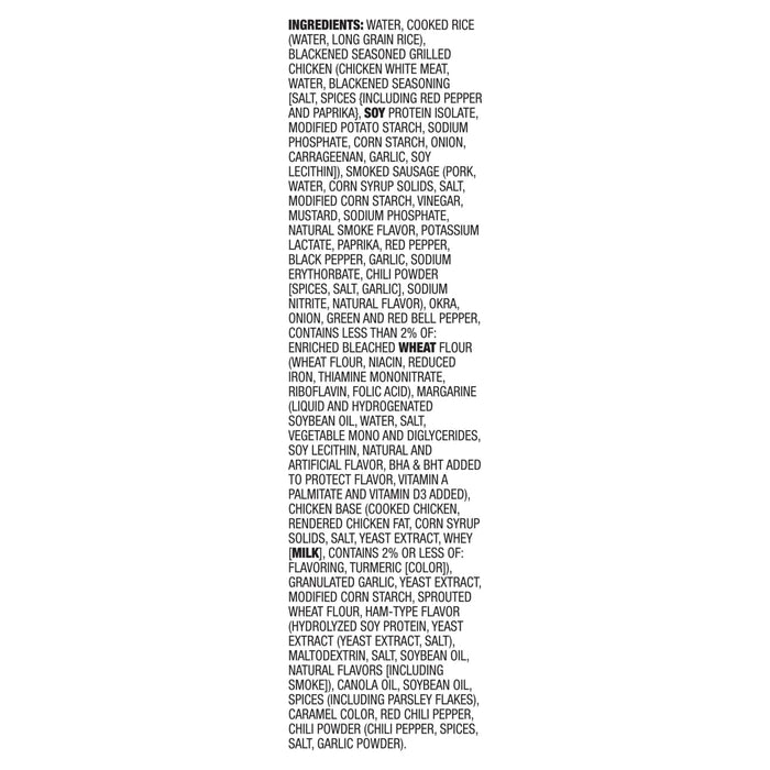 A detailed list of ingredients for Zatarains Frozen Gumbo Entree Chicken And Sausage 12 Oz including cooked rice, blackened seasoned grilled chicken, smoked sausage, and okra.