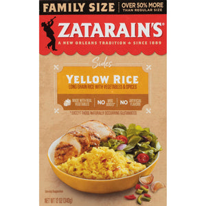 A box of Zatarain's Yellow Rice with a serving suggestion of the rice with chicken and salad.