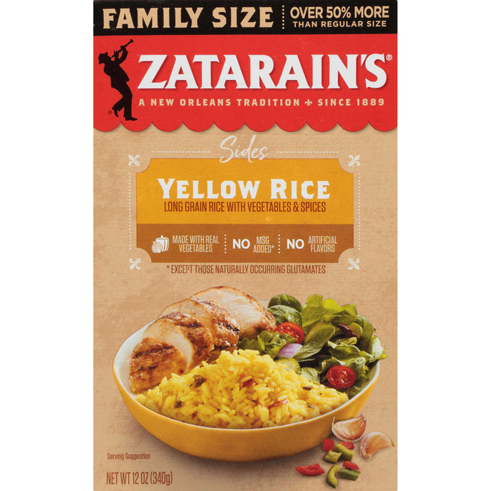 A box of Zatarain's Yellow Rice with a serving suggestion of the rice with chicken and salad.