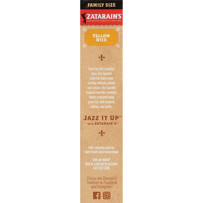 A box of Zatarain's Yellow Rice with a fleur-de-lis and information about the product.