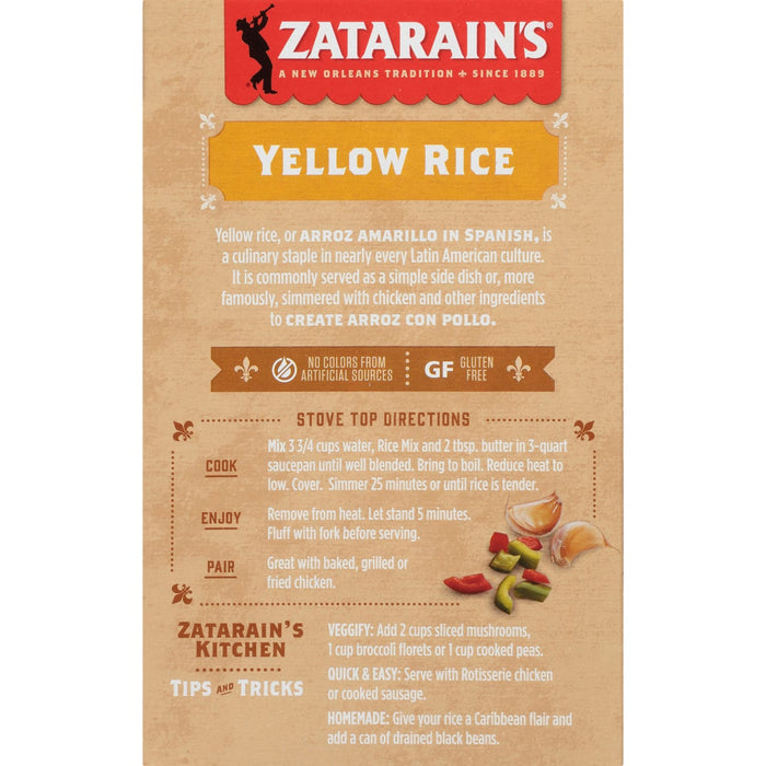 A box of Zatarain's Yellow Rice with instructions on how to prepare it.