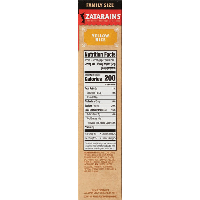 Zatarain's Yellow Rice nutrition facts label.