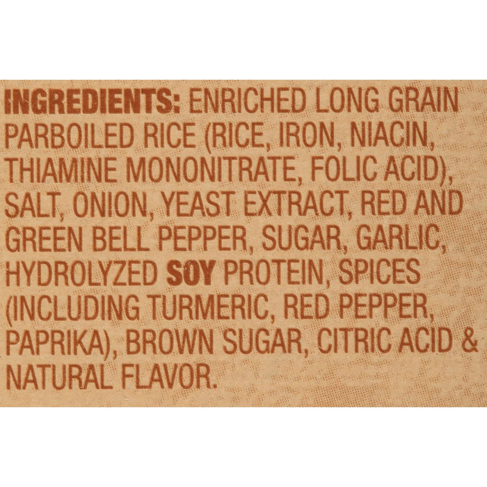 A list of ingredients for a product containing rice, soy protein, and spices.
