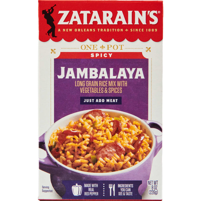 A box of Zatarain's Spicy Jambalaya mix with a serving suggestion of the finished product.