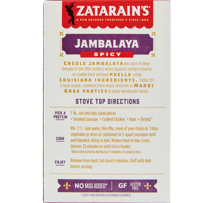 Zatarain's Jambalaya Spicy box with instructions for preparing the dish.