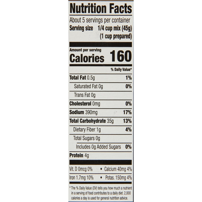 Nutrition facts label for a 1/4 cup serving of a food mix.
