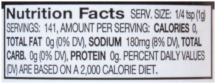 Nutrition facts label for a product with 0 calories 0 grams of fat 0 grams of carbs 0 grams of protein and 180 milligrams of sodium per serving.