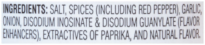 A list of ingredients for a seasoning blend including salt spices garlic onion and paprika.