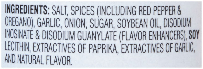 A list of ingredients for a product including salt spices garlic onion sugar soybean oil and natural flavor.
