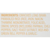 Ingredients for a rice product include enriched long grain parboiled rice onion spices salt yeast extract red and green bell pepper and garlic.