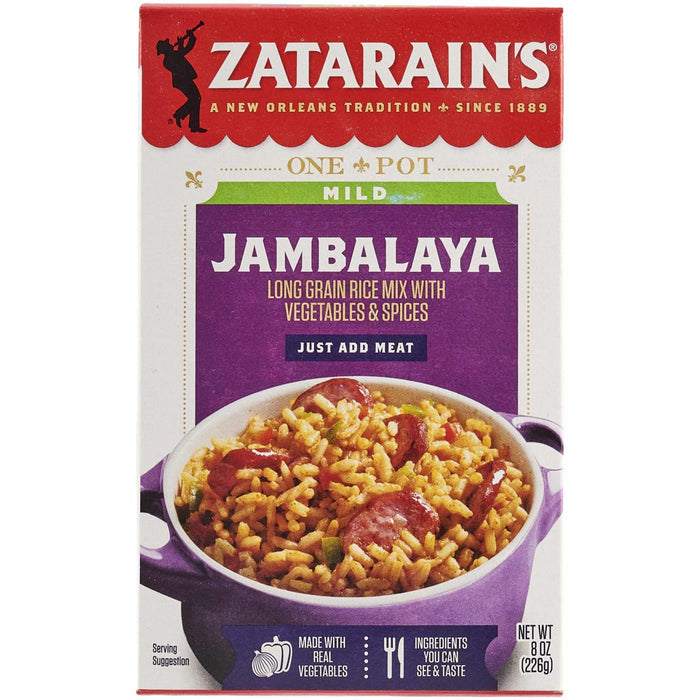 A box of Zatarains New Orleans Jambalaya Rice Mix Long Grain 8 Oz featuring a bowl of prepared rice with sausage and vegetables against a purple and red background.