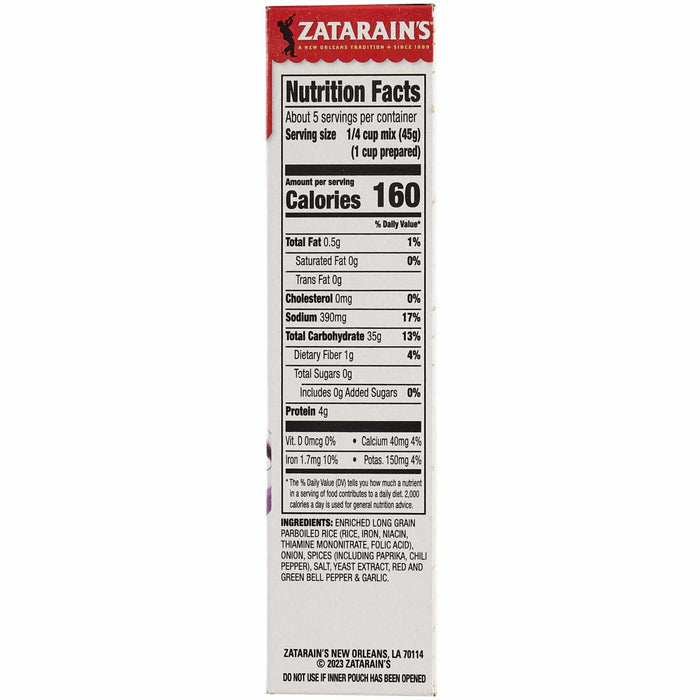 This side panel of a package of Zatarains New Orleans Jambalaya Rice Mix Long Grain 8 Oz displays the nutrition facts and a list of ingredients including enriched long grain parboiled rice and spices.