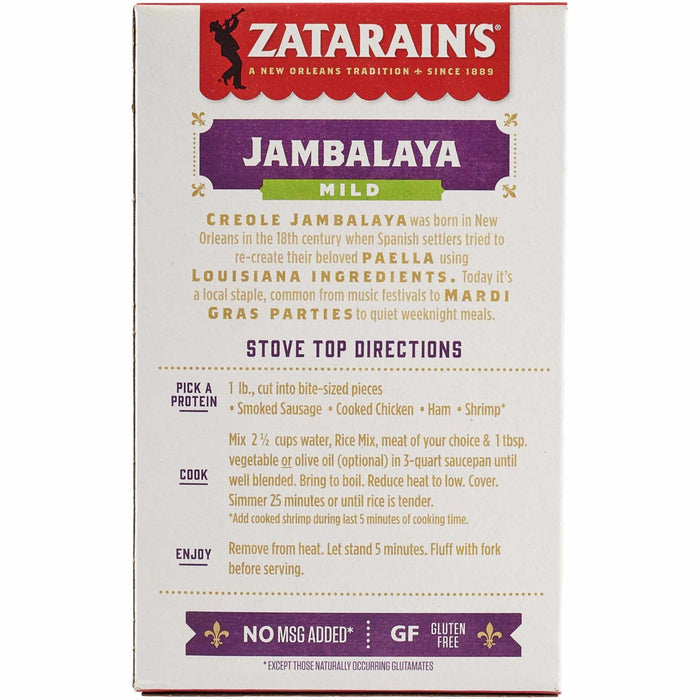 The back of a box of Zatarains New Orleans Jambalaya Rice Mix Long Grain 8 Oz provides stove top directions and serving suggestions for a mild Creole meal.
