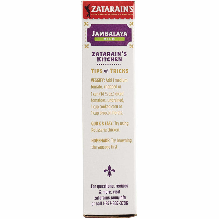 The side panel of a box of Zatarains New Orleans Jambalaya Rice Mix Long Grain 8 Oz features cooking tips and tricks for adding vegetables or rotisserie chicken to the meal.