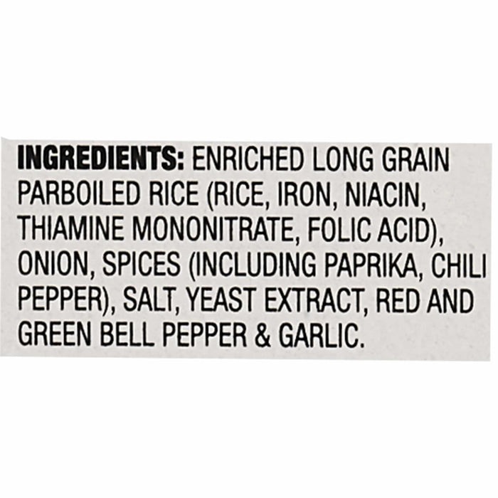 A close up view of the ingredient list for Zatarains New Orleans Jambalaya Rice Mix Long Grain 8 Oz which includes enriched long grain parboiled rice, onion, spices, salt, yeast extract, bell pepper, and garlic.