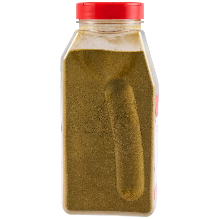 A side view of a clear plastic container of Zatarains Gumbo File Seasoning Ground 12 Oz shows the greenish-brown powder inside, topped with a red cap.
