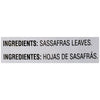 The ingredients list for Zatarains Gumbo File Seasoning Ground 12 Oz, showing it is made from sassafras leaves.