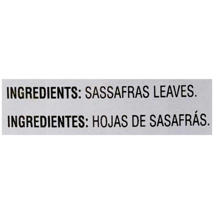 The ingredients list for Zatarains Gumbo File Seasoning Ground 12 Oz, showing it is made from sassafras leaves.