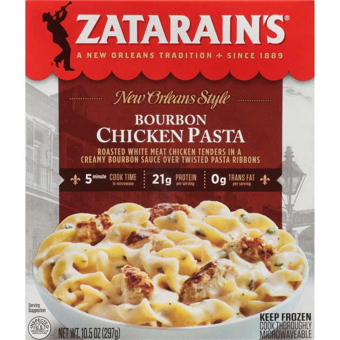 A box of Zatarain's New Orleans Style Bourbon Chicken Pasta with a serving suggestion on the front.