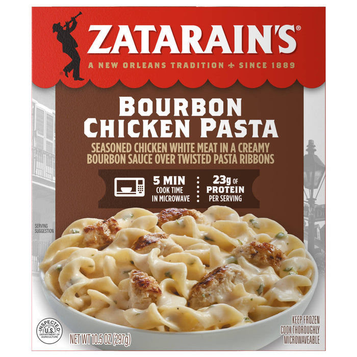 A package of Zatarains Frozen Chicken And Pasta Entree Bourbon Chicken 10.5 Oz featuring seasoned white meat chicken in a creamy bourbon sauce over twisted pasta ribbons.