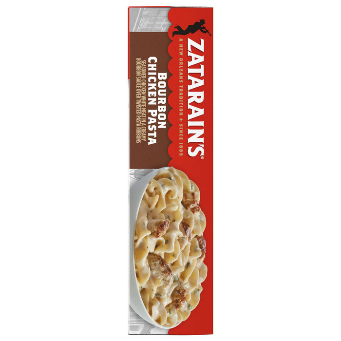 A vertical box of Zatarains Frozen Chicken And Pasta Entree Bourbon Chicken 10.5 Oz featuring seasoned white meat chicken in a creamy bourbon sauce over twisted pasta ribbons.