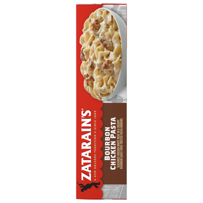A package of Zatarains Frozen Chicken And Pasta Entree Bourbon Chicken 10.5 Oz features a bowl of creamy pasta with seasoned white meat chicken over twisted ribbons.