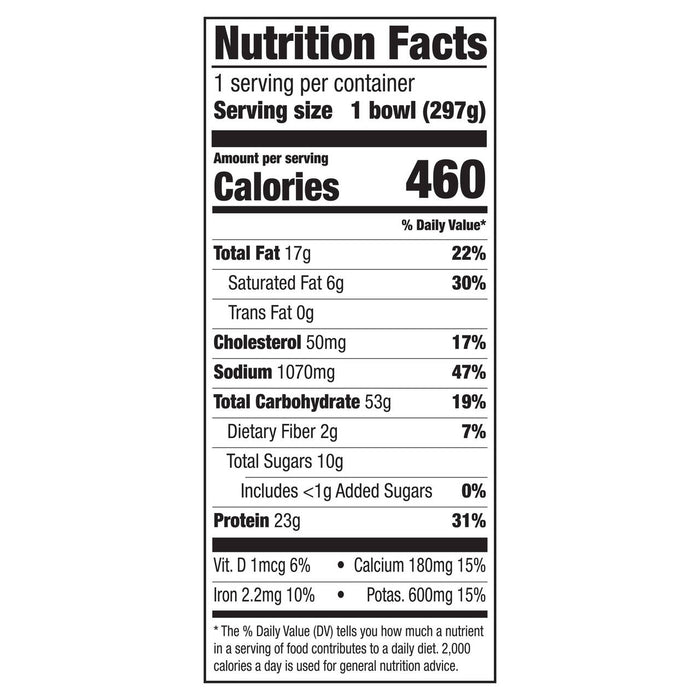 This infographic displays the Nutrition Facts label for a single serving of Zatarains Frozen Chicken And Pasta Entree Bourbon Chicken 10.5 Oz which contains 460 calories and 23 grams of protein.