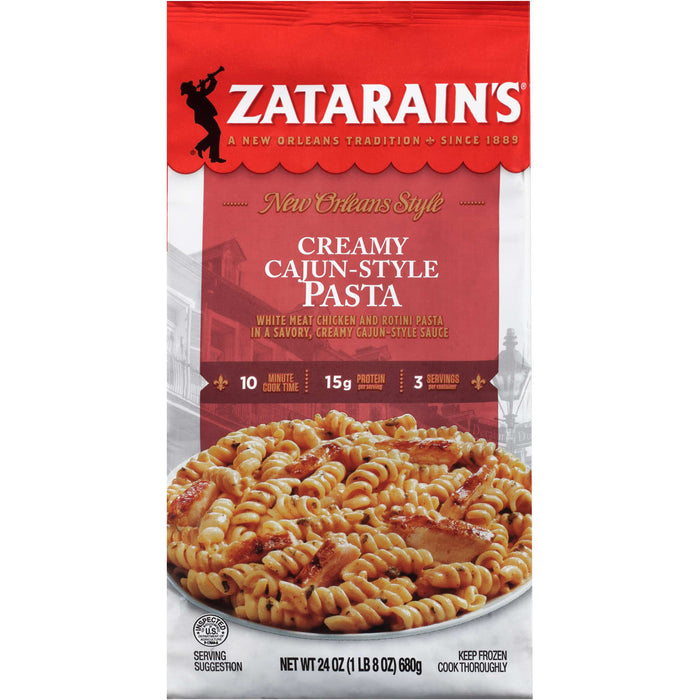 A box of Zatarain's Creamy Cajun-Style Pasta with white meat chicken and rotini pasta in a savory, creamy Cajun-style sauce.