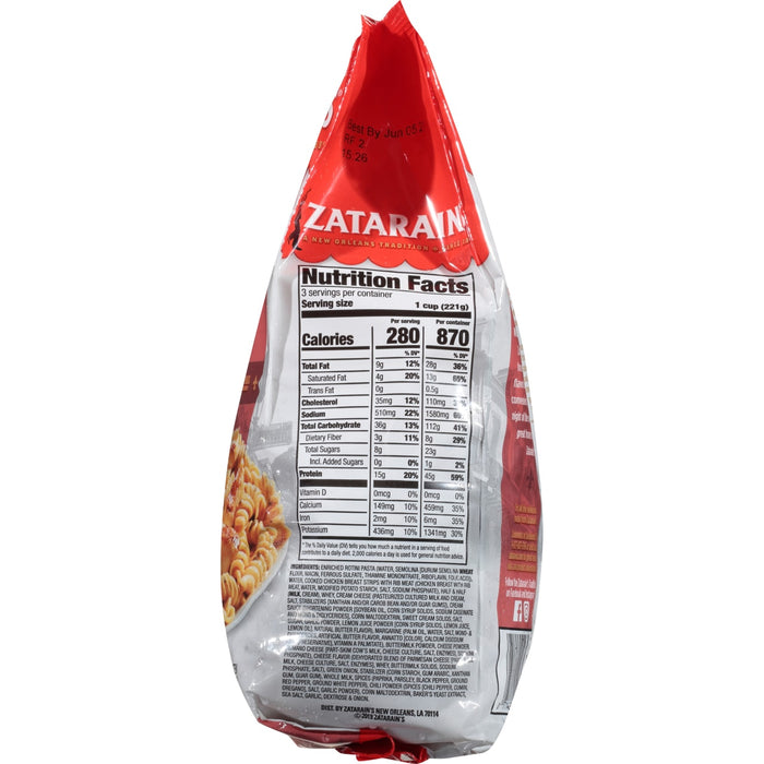 Zatarain's Rotini Pasta with Chicken and Alfredo Sauce nutrition facts label.