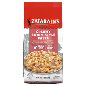 A 24 ounce bag of Zatarains Frozen Chicken And Rotini Pasta Entree Chicken 24 Oz featuring white meat chicken and rotini pasta in a savory creamy Cajun style sauce.