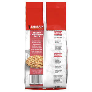 The back of a package of Zatarains Frozen Chicken And Rotini Pasta Entree Chicken 24 Oz displays detailed skillet and microwave cooking instructions alongside a photo of the prepared creamy Cajun style pasta.