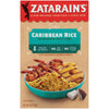 A box of Zatarain's Caribbean Rice mix with a serving suggestion of the rice with grilled pineapple and shrimp.