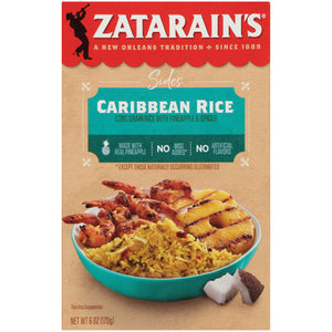 A box of Zatarain's Caribbean Rice mix with a serving suggestion of the rice with grilled pineapple and shrimp.