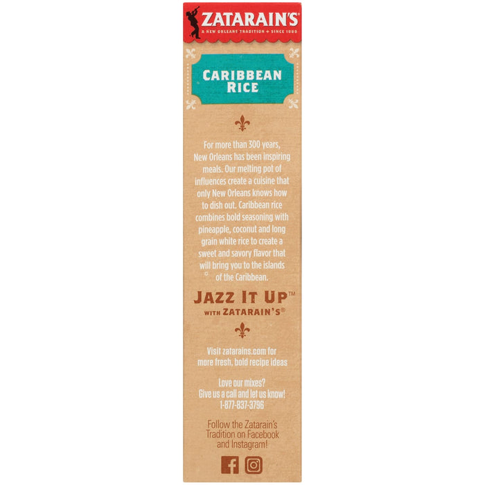 A Zatarain's box for Caribbean rice with a description of the product and contact information.