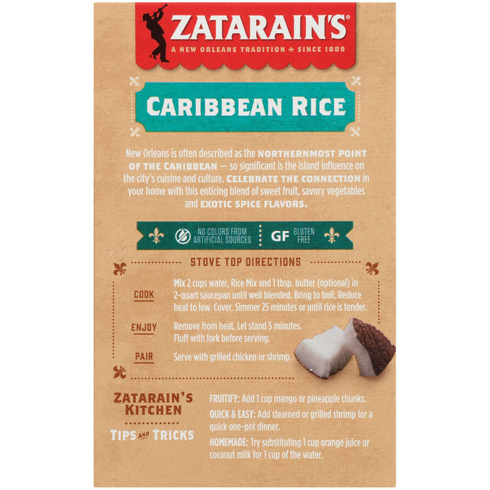 A box of Zatarain's Caribbean Rice with instructions on how to prepare it.
