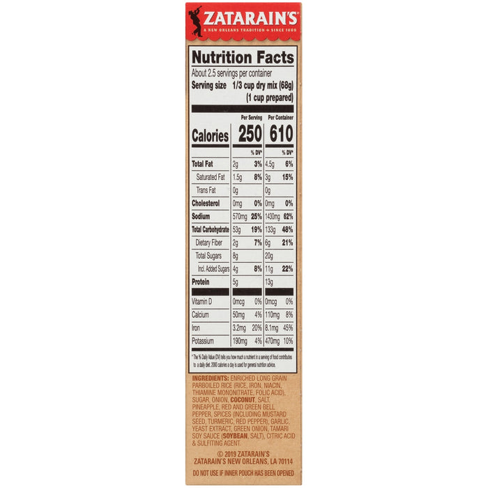 Nutrition facts and ingredients list for Zatarain's rice mix.