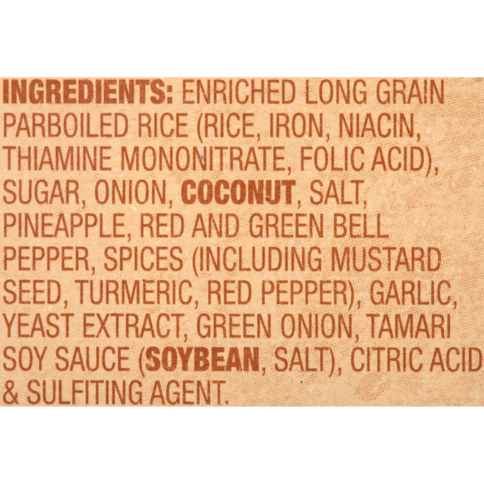 A list of ingredients for a product containing rice, coconut, and soy sauce.