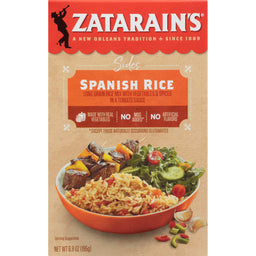 A box of Zatarains Spanish Rice mix with a serving suggestion of rice vegetables and meat.