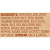 A list of ingredients for a product containing rice, onion, salt, pepper, spices, sugar, yeast extract, tamari soy sauce and garlic.