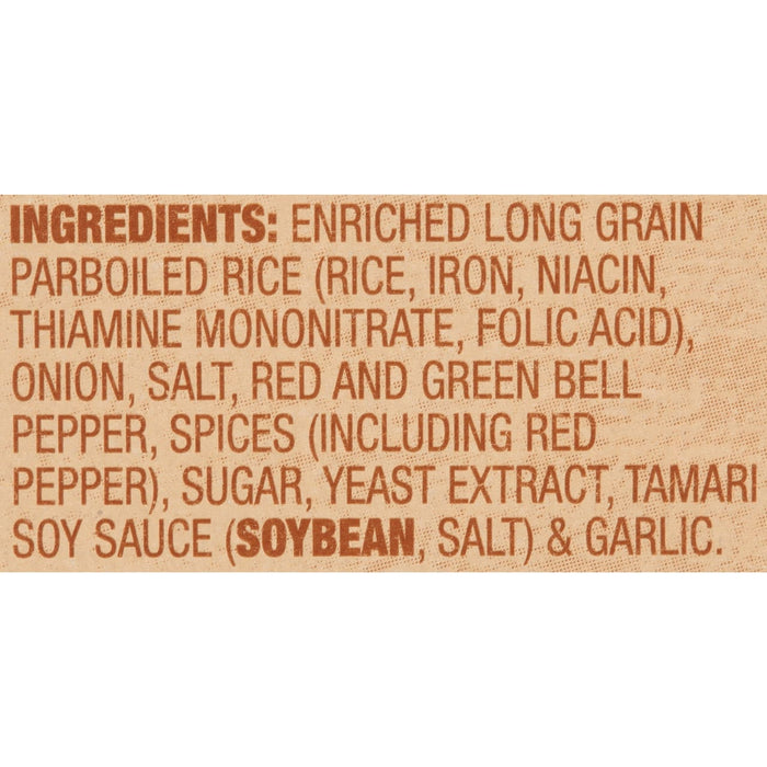 A list of ingredients for a product containing rice, onion, salt, pepper, spices, sugar, yeast extract, tamari soy sauce and garlic.