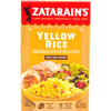 A box of Zatarain's Yellow Rice mix with a serving suggestion of rice, chicken, and salad.