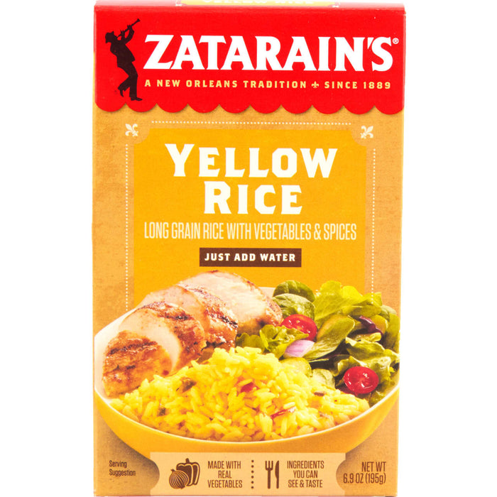 A box of Zatarain's Yellow Rice mix with a serving suggestion of rice, chicken, and salad.