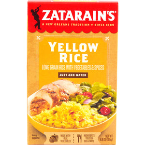 A box of Zatarain's Yellow Rice mix with a serving suggestion of rice, chicken, and salad.
