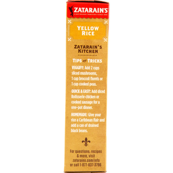 A box of Zatarain's Yellow Rice with tips and tricks for preparing the rice.