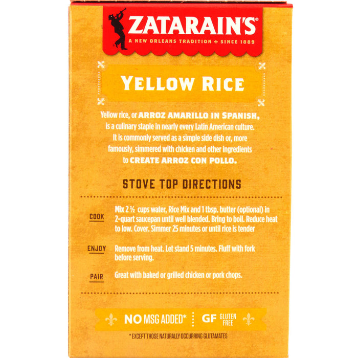 Zatarain's Yellow Rice box with instructions for cooking and serving suggestions.