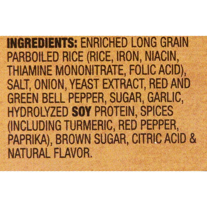 A list of ingredients for a product, including enriched long grain parboiled rice, soy protein, and natural flavor.