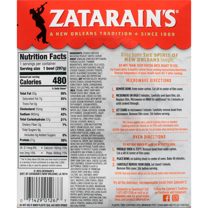 A Zatarain's box with nutrition facts and cooking instructions for their New Orleans style chicken and pasta dish.