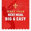 A red and white graphic with a silhouette of a person playing a trumpet and the text Make your next meal big &amp; easy.
