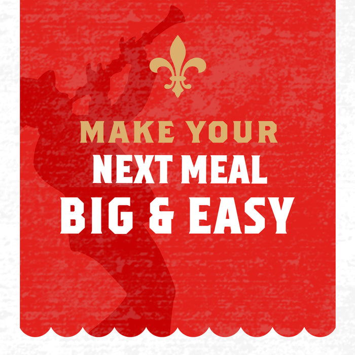 A red and white graphic with a silhouette of a person playing a trumpet and the text Make your next meal big &amp; easy.