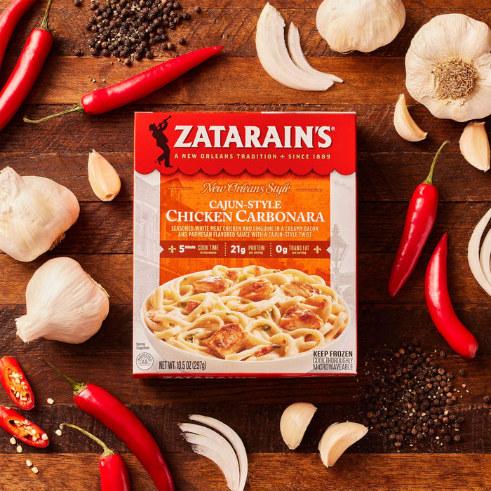 A box of Zatarain's Cajun-Style Chicken Carbonara with ingredients like garlic, peppercorns, and red peppers.